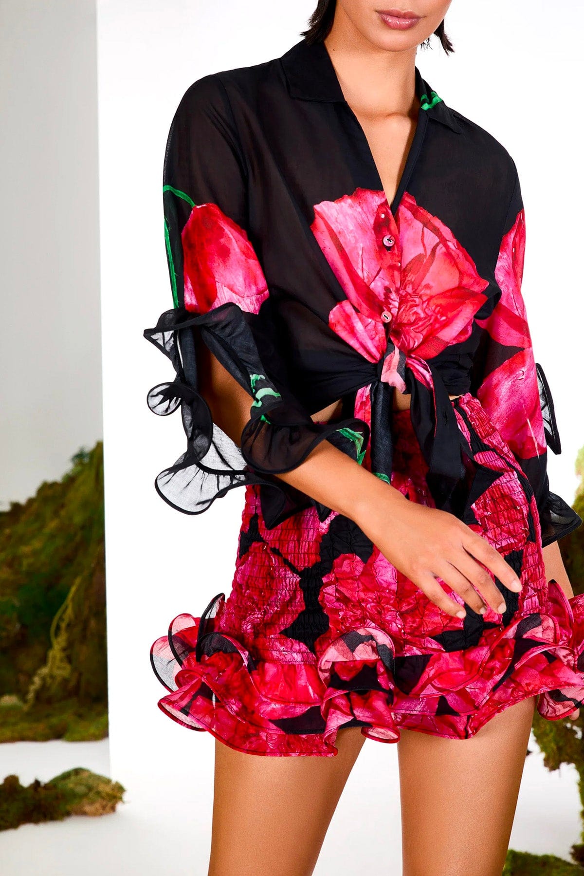 CHARO RUIZ CASACCA  Camicia con nodo nera stampa fiore Charo Ruiz Alex