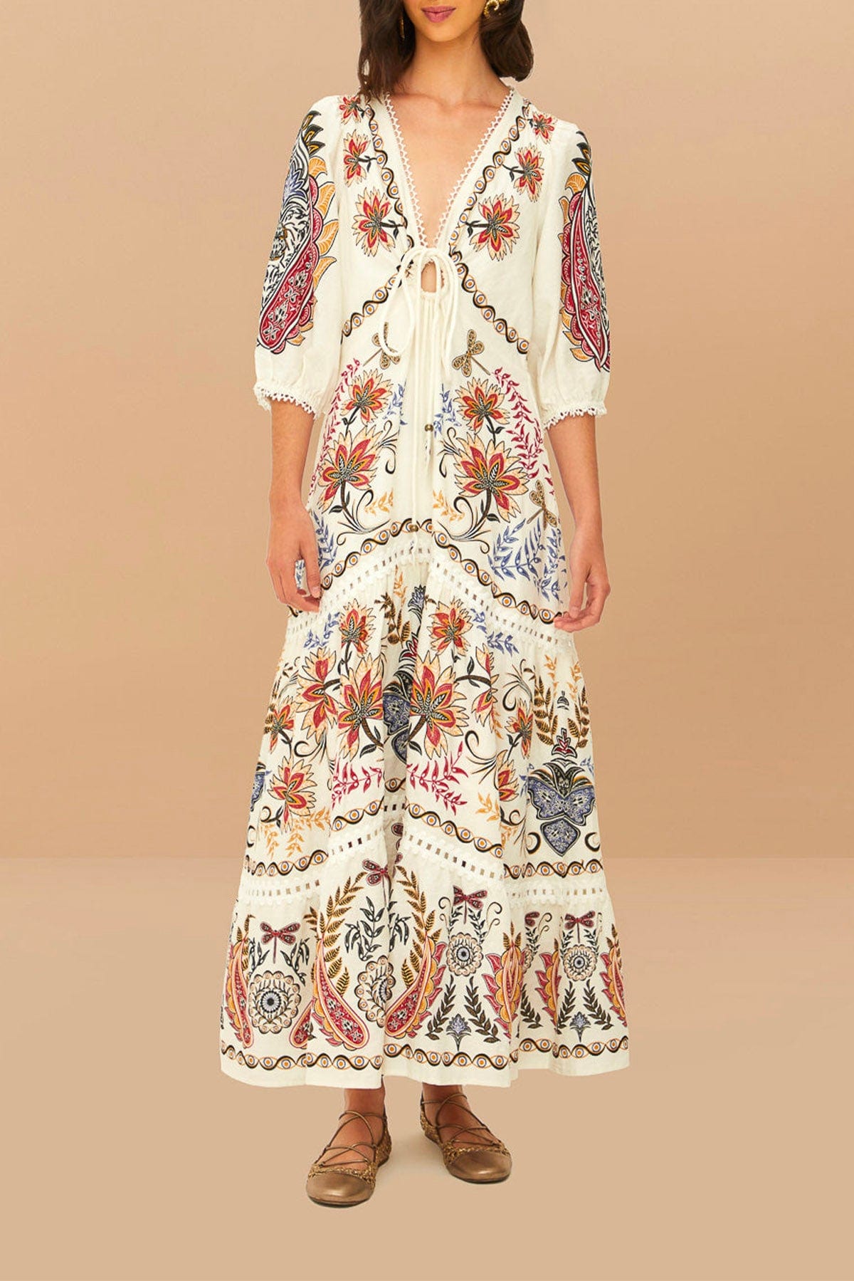 FARM RIO ABITO  FONDO BIANCO / FIORATO / XXS Boho Glam Off White Maxi Dress