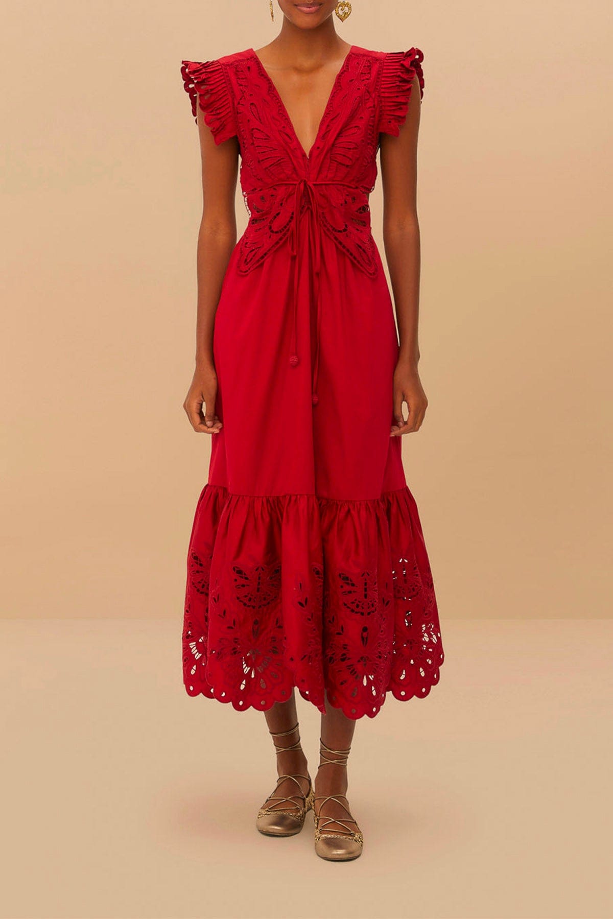 FARM RIO ABITO  ROSSO / XXS Red Butterfly Midi Dress