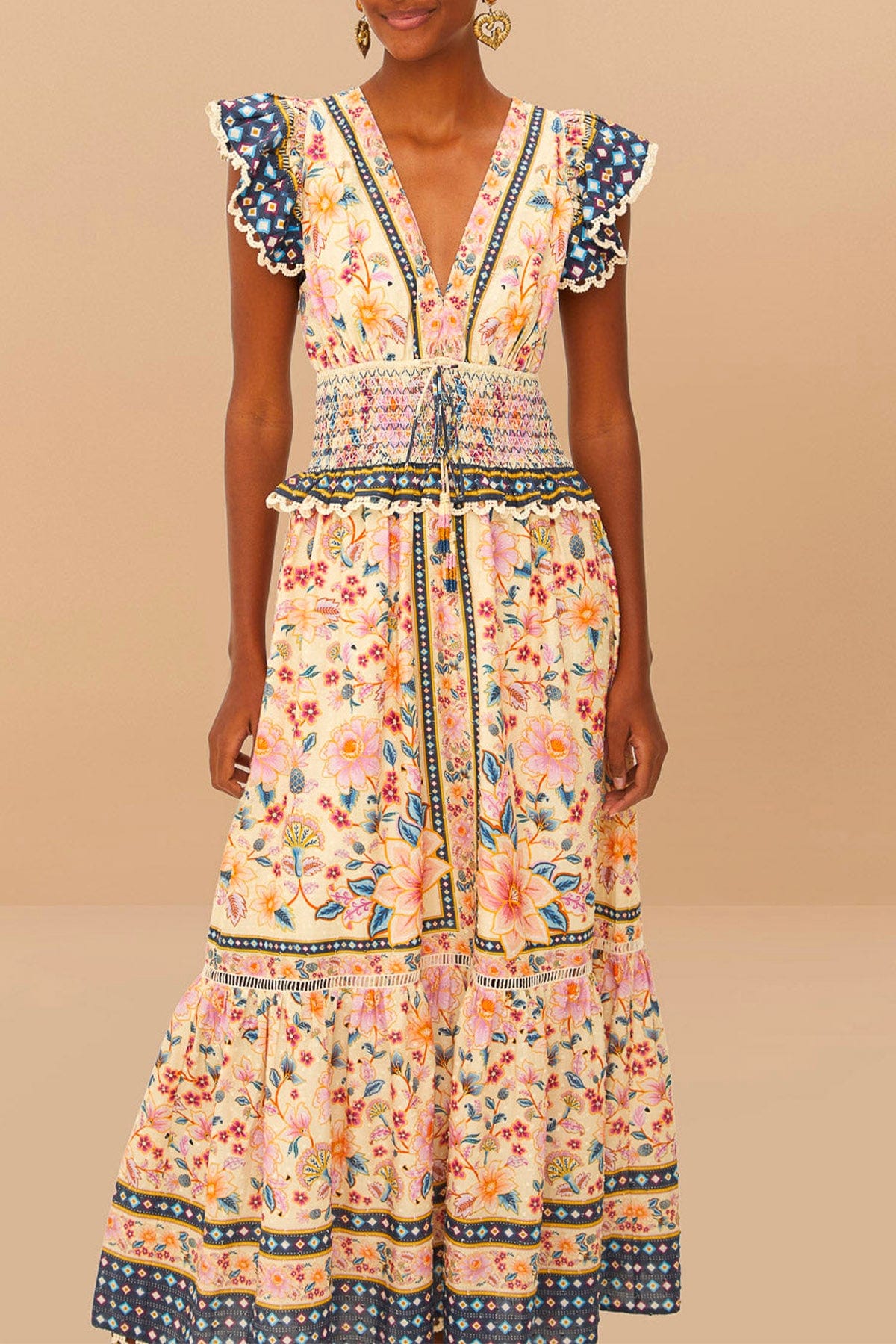 FARM RIO ABITO  Superbloom Tapestry Cream Maxi Dress
