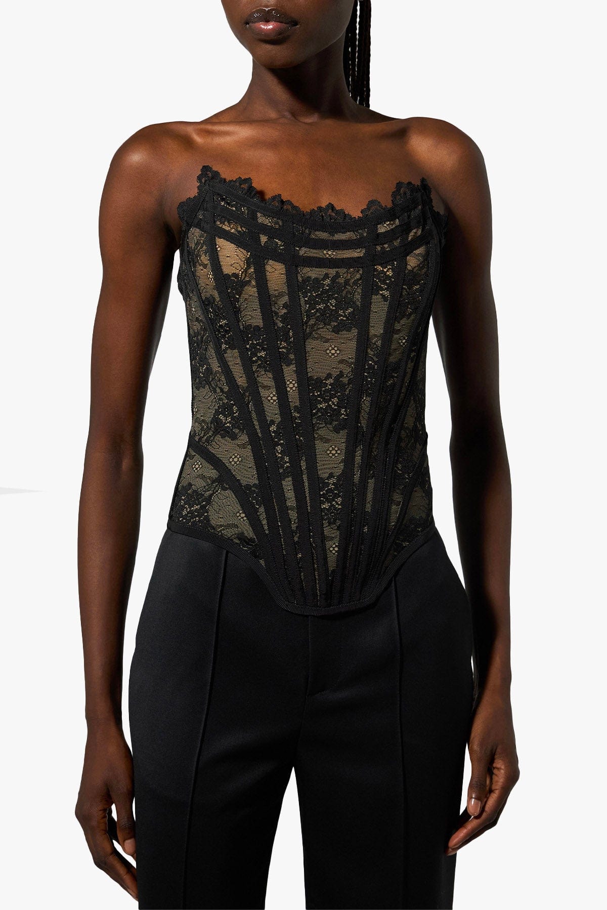 GIUSEPPE DI MORABITO TOP-CANOTTIERA IN TES.  PIZZO NERO / 36 Top nero in pizzo con bustier Giuseppe di Morabito