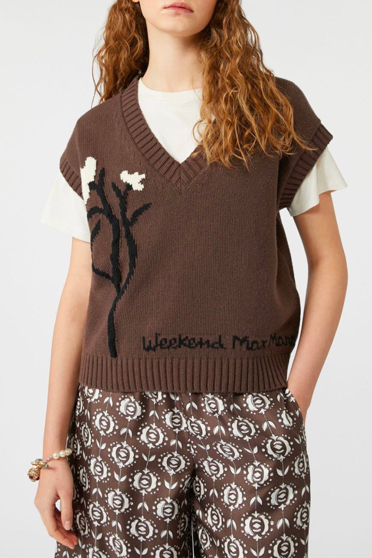 MAXMARA'S BRANDS GILET IN MAGLIA  MARRONE / XXS Gilet con fiore ricamato donna Weekend Max Mara Crusca