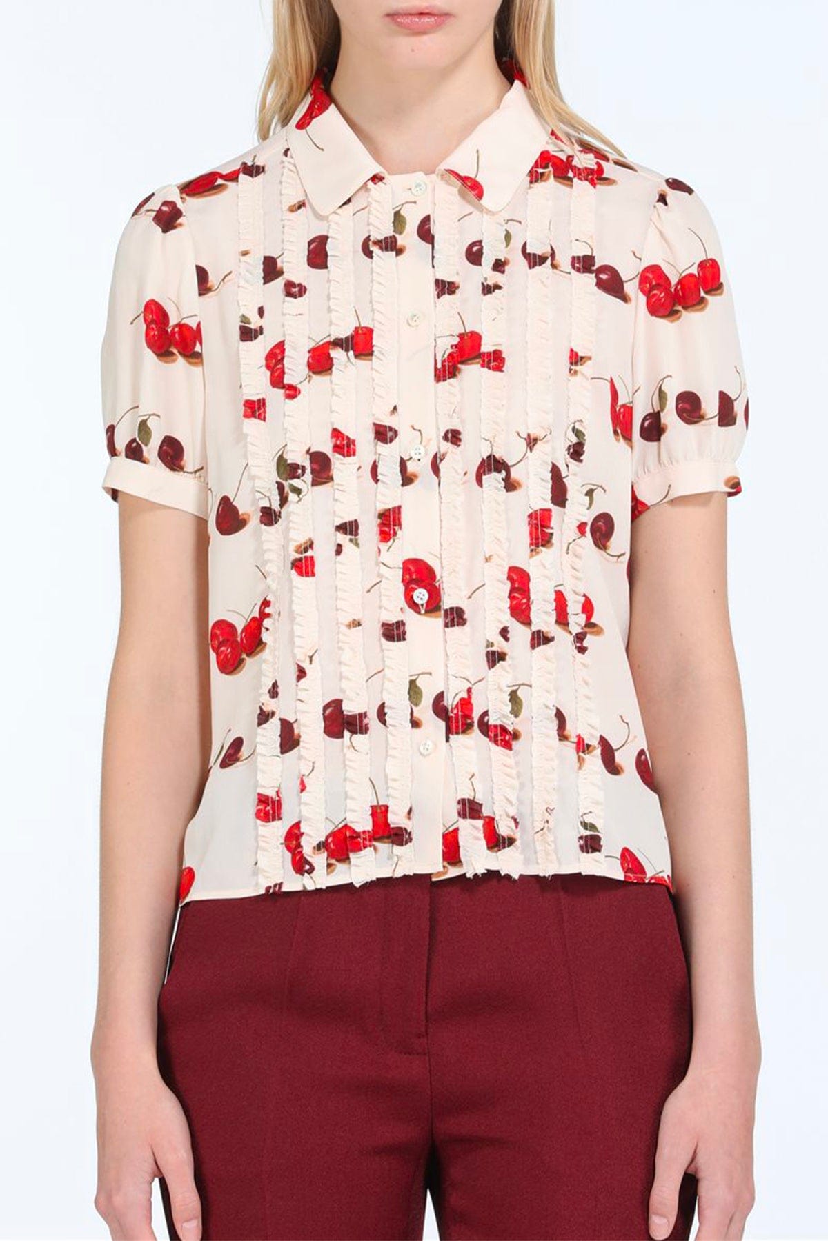 N21 CAMICIA  FONDO BAINCO STAMPA CILIEGIE / 36 Camicia in seta donna N21 Sfilata stampa ciliegie G072