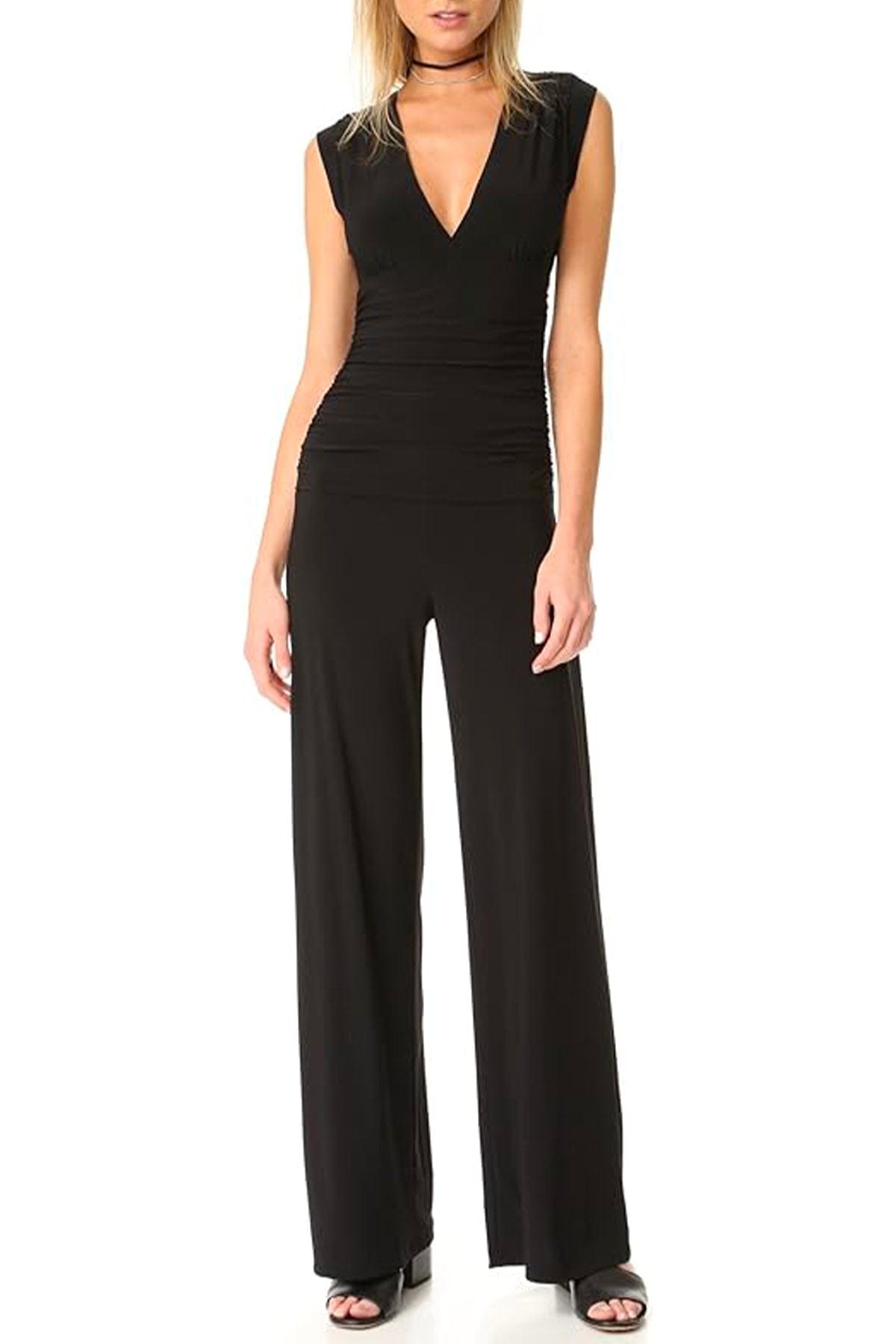 NORMA KAMALI TUTA SALOPETTE  BLU NOTTE / XS Norma Kamali Sleeveless V Neck Shridded Waist Jumpsuit Blue Midnight