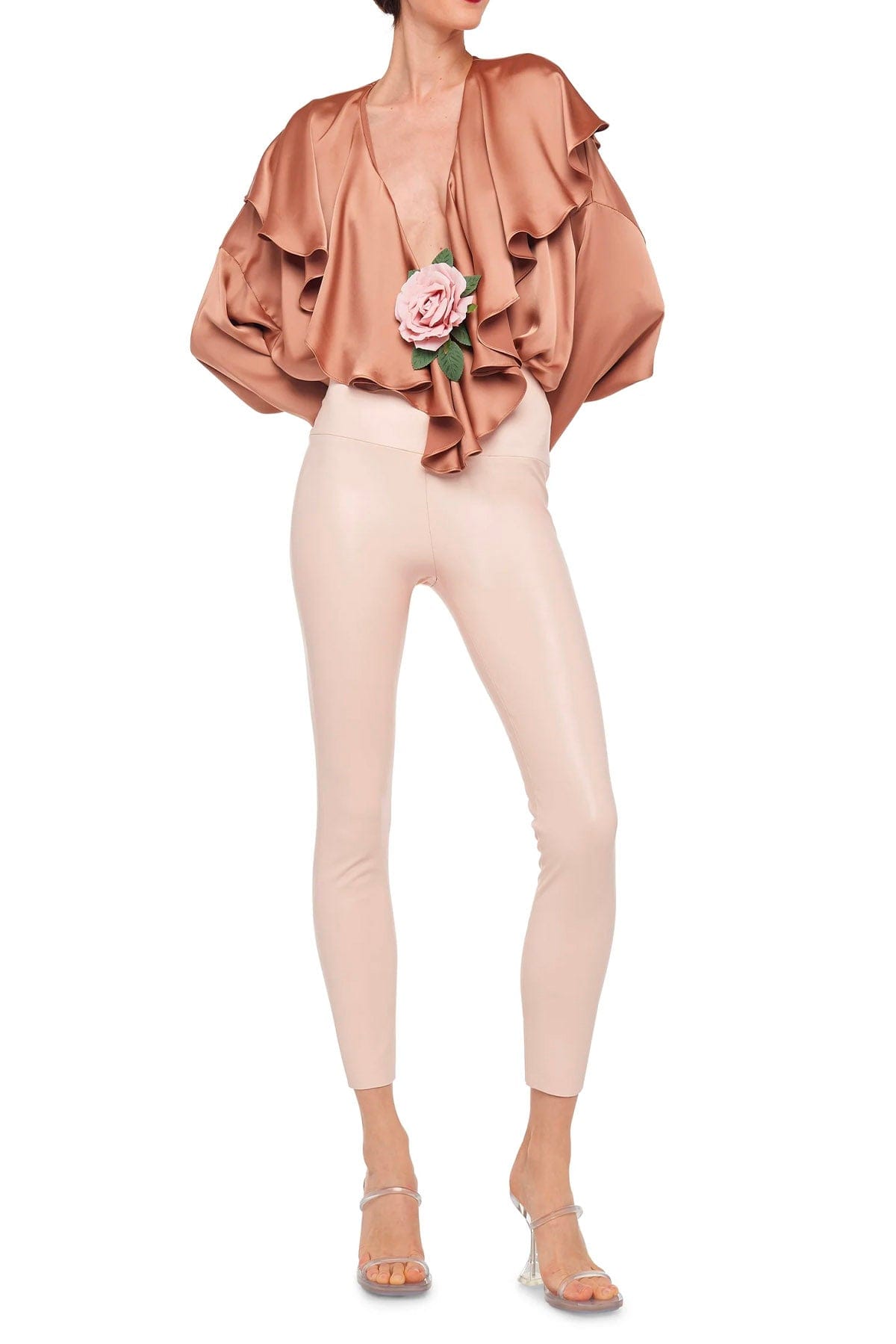 NORMA KAMALI TUTA SALOPETTE  Norma Kamali Long Sleeve Deep V Ruffle Bodysuit Cappuccino