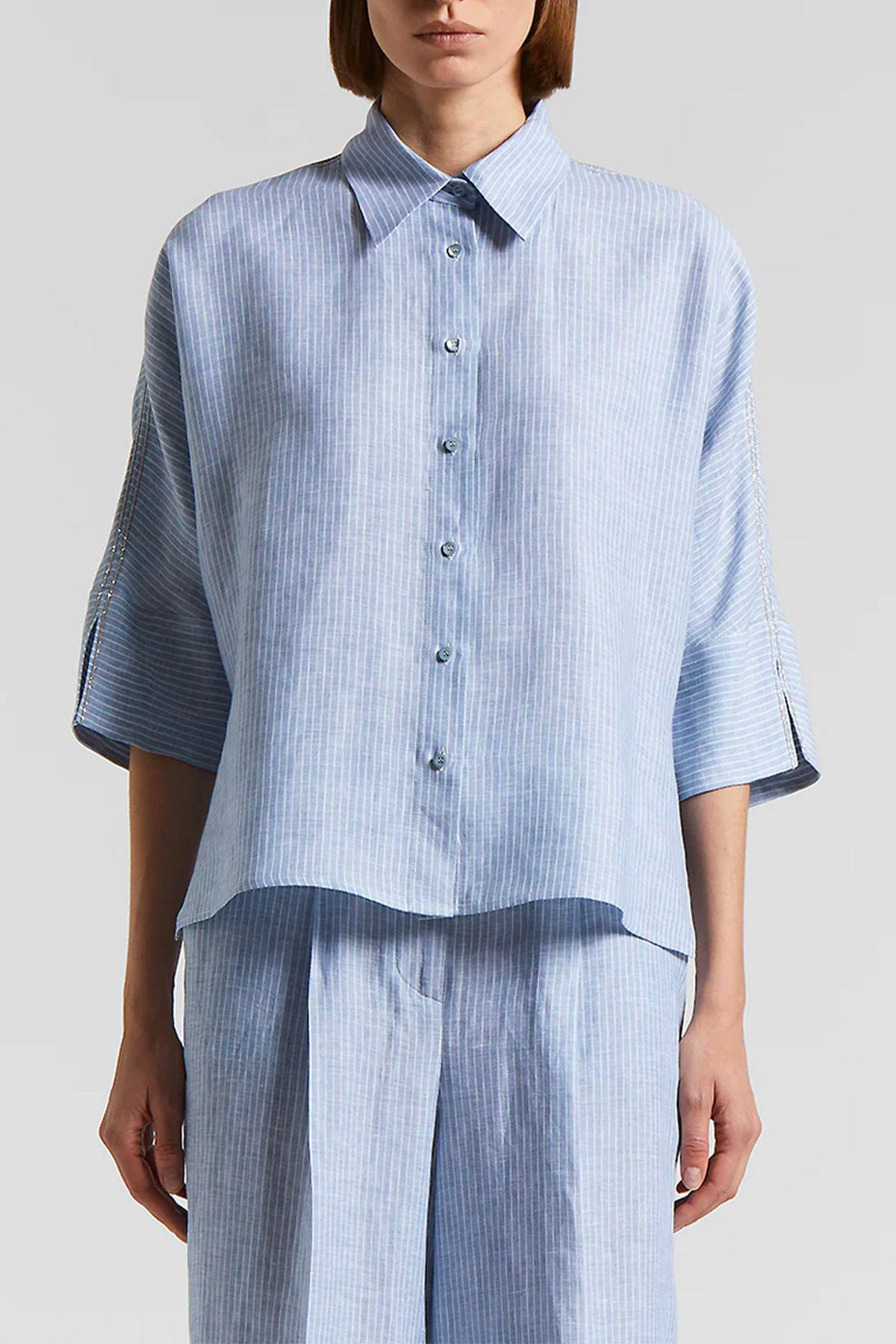 PESERICO CAMICIA  AZZURRO RIGATO / 36 Camicia donna tela di puro lino rigata azzurra Peserico