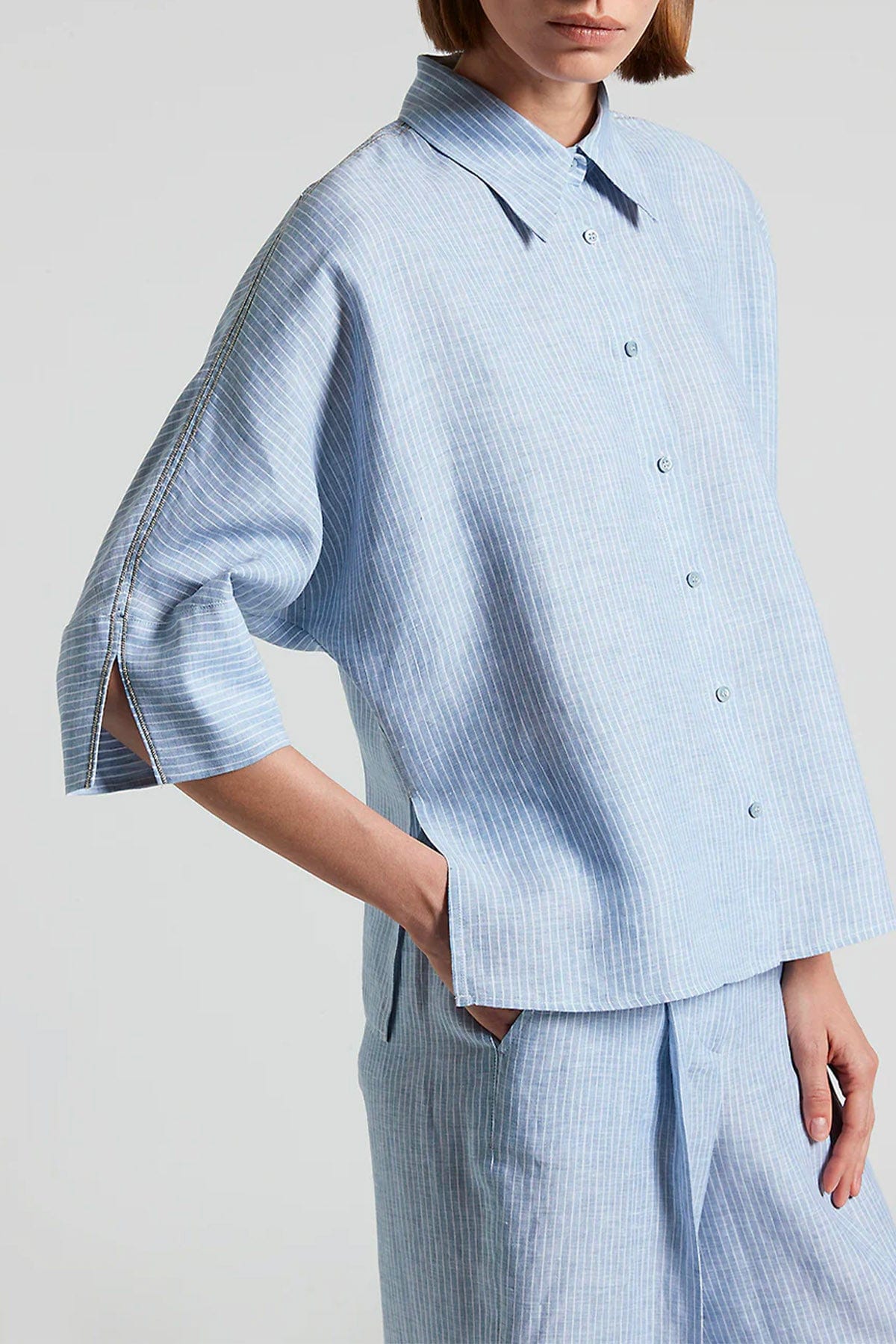 PESERICO CAMICIA  Camicia donna tela di puro lino rigata azzurra Peserico